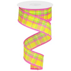 1.5 Inch Plaid Spring / Easter Wired Ribbon, Pink, Yellow, Orange And Green (Lot of 1 Spool) SALE ITEM